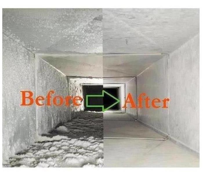 air duct cleaning, before and after photo showing dust balls and then cleaned