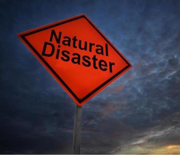 Storm with a sign, "Natural Disaster." 